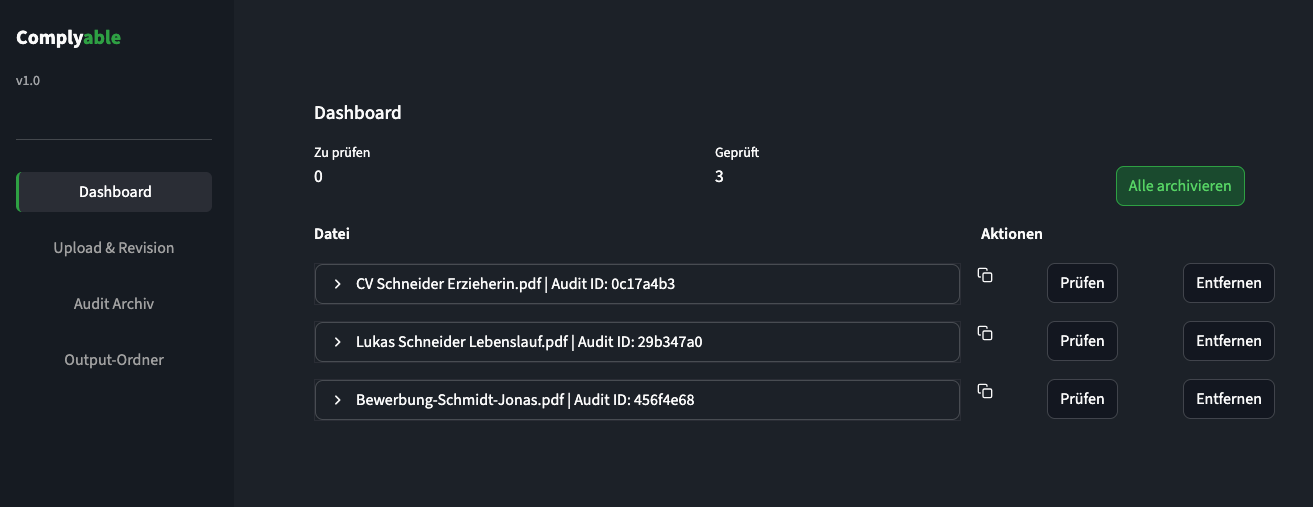 Complyable Prüf-Ansicht