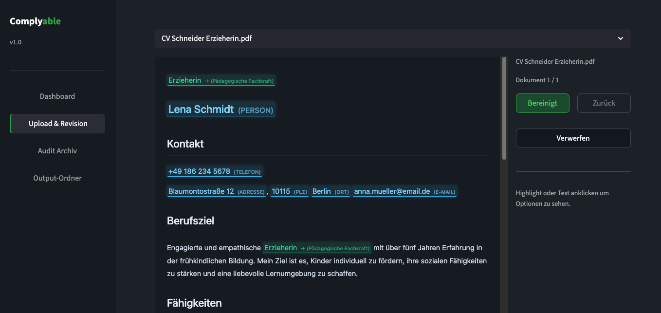 Complyable Upload-Ansicht